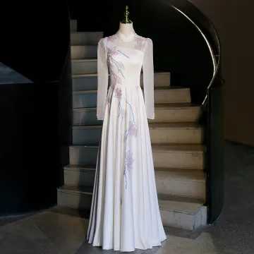 Vintage Retro Ethnic White Beading Pearl Rhinestone Sequins Prom Dresses 2026 A Line Princess High Neck Long Sleeve Floor Length Long Formal Dresses