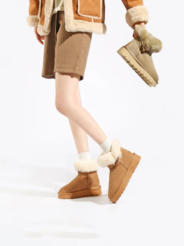 Garder au chaud Marron Hiver Daim Bottes De Neige 2024 Vêtement de rue Cuir À Bout Rond Sandales Femme
