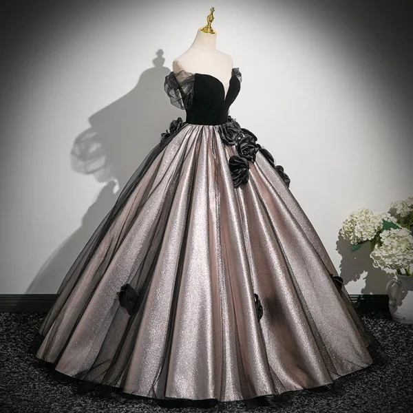 Elegant Black Prom Dresses Ball Gown Appliques 2025 Strapless Sleeveless Backless Floor-Length / Long Prom Formal Dresses