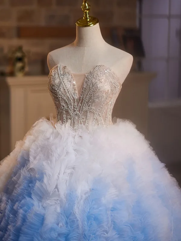 Edles Farbverlauf Himmelblau Perlenstickerei Perle Pailletten Fallende Rüsche Ballkleider 2025 Ballkleid Bandeau Ärmellos Rückenfreies Sweep / Pinsel Zug Ball Festliche Kleider