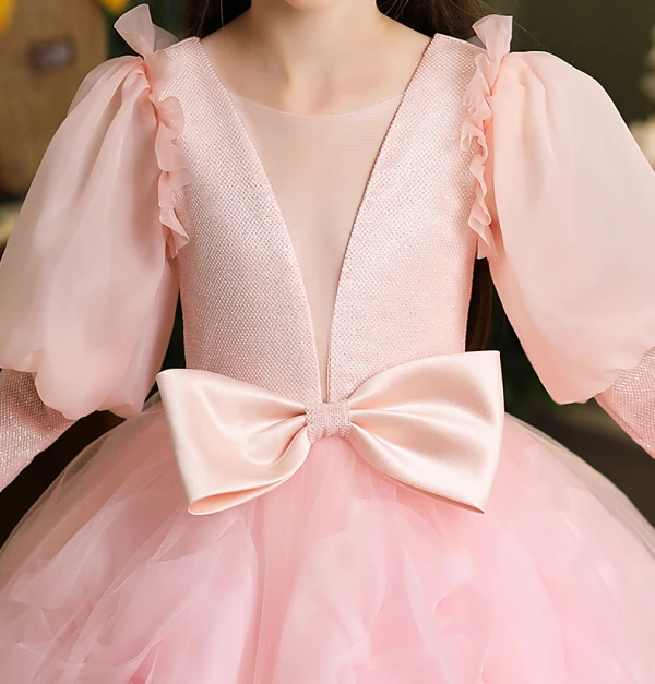 Lovely Blushing Pink Appliques Bow Prom Flower Girl Dresses 2024 Ball Gown Scoop Neck 3/4 Sleeve Floor-Length / Long