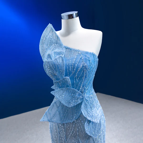 Sexy Sky Blue Beading Sequins Evening Dresses 2023 Trumpet / Mermaid Strapless Sleeveless Backless Floor-Length / Long Evening Party Formal Dresses