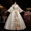 Vintage / Retro Medieval Champagne Sequins Bow Lace Flower Cosplay Prom Dresses 2025 Ball Gown High Neck Bell sleeves Floor-Length / Long Formal Dresses