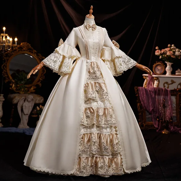 Medieval Vintage / Retro Champagne Lace Flower Sequins Bow Prom Dresses 2025 Ball Gown High Neck Bell sleeves Floor-Length / Long Prom Formal Dresses