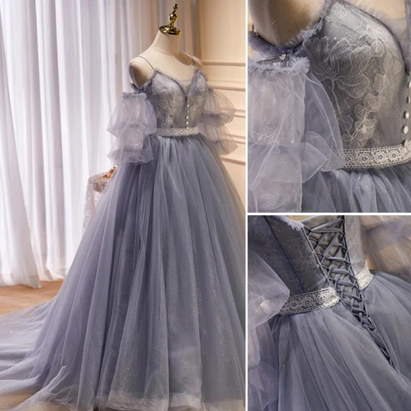 Chic / Beautiful Grey Lace Flower Prom Dresses 2023 A-Line / Princess Spaghetti Straps Puffy Short Sleeve Backless Floor-Length / Long Prom Formal Dresses