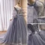 Chic / Beautiful Grey Lace Flower Prom Dresses 2023 A-Line / Princess Spaghetti Straps Puffy Short Sleeve Backless Floor-Length / Long Prom Formal Dresses