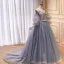 Chic / Beautiful Grey Lace Flower Prom Dresses 2023 A-Line / Princess Spaghetti Straps Puffy Short Sleeve Backless Floor-Length / Long Prom Formal Dresses