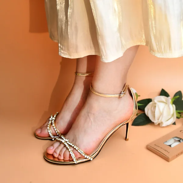 Sexy Gold Rhinestone Evening Party Womens Sandals 2022 Leather Ankle Strap 8 cm Stiletto Heels Open / Peep Toe Sandals High Heels