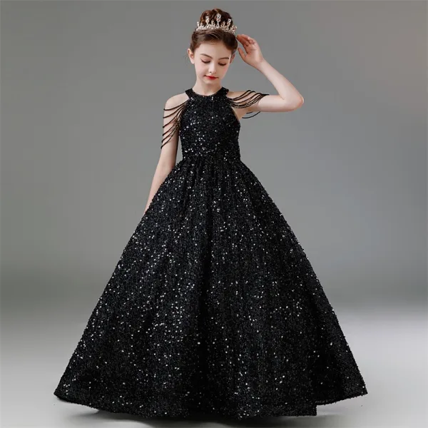 Bling Bling Black Beading Sequins Birthday Flower Girl Dresses 2024 Ball Gown Scoop Neck Sleeveless Backless Floor-Length / Long