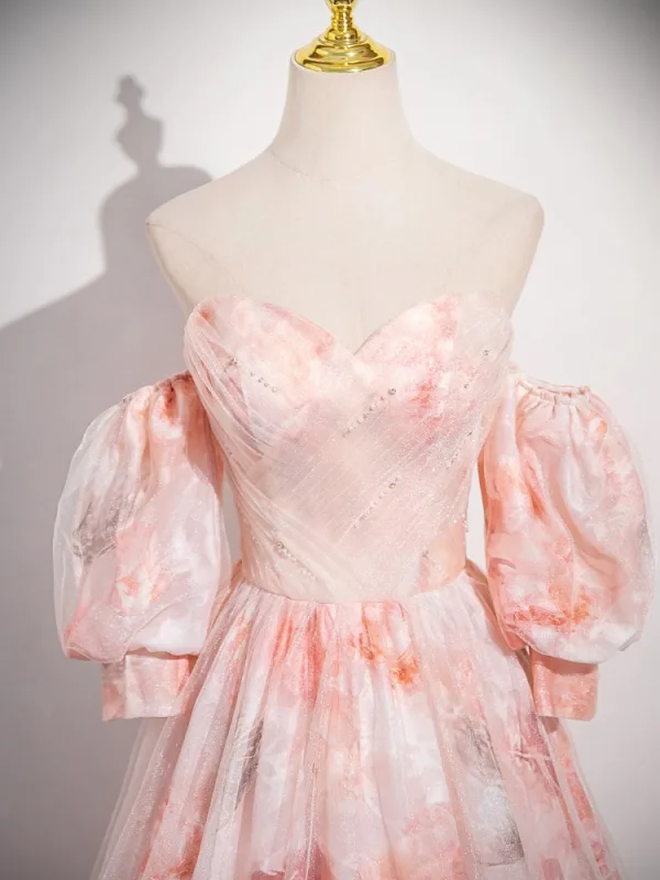 Chic / Beautiful Blushing Pink Printing Prom Dresses 2025 A-Line / Princess Strapless Short Sleeve Backless Floor-Length / Long Prom Formal Dresses