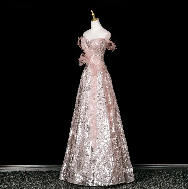 Sparkly Fashion Blushing Pink Appliques Sequins Prom Dresses 2025 A-Line / Princess Strapless Sleeveless Backless Floor-Length / Long Formal Dresses