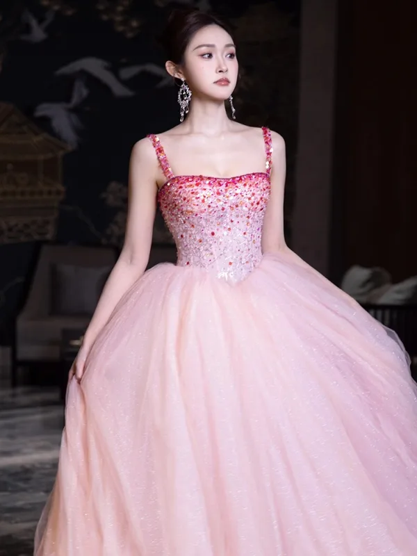 Chic / Belle Rougissant Rose Perlage Paillettes Robe De Bal 2024 Robe Boule Bretelles Spaghetti Sans Manches Dos Nu Longue Promo Robe De Ceremonie