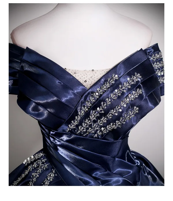 Vintage / Retro Navy Blue Beading Prom Dresses 2025 Ball Gown Off-The-Shoulder Sleeveless Backless Floor-Length / Long Formal Dresses