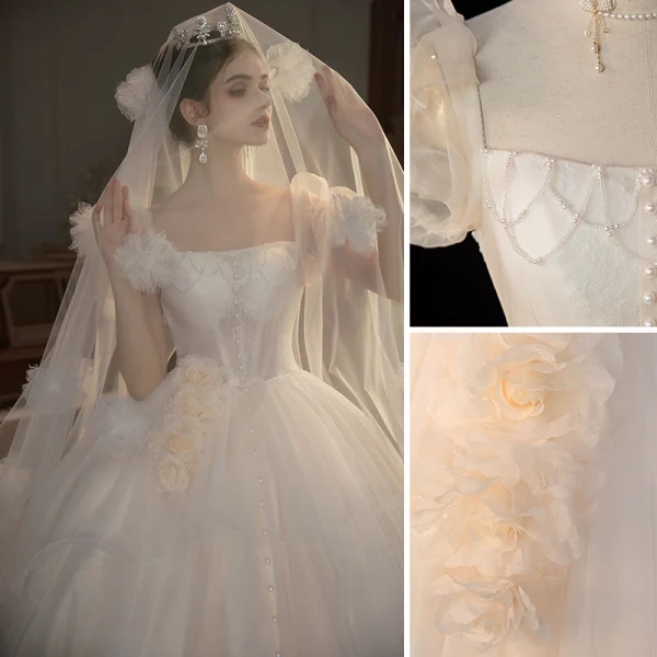 Audrey Hepburn Style Champagne Pearl Lace Flower Appliques Wedding Dresses 2022 Ball Gown Square Neckline Short Sleeve Backless Royal Train Wedding