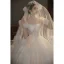 Audrey Hepburn Style Champagne Pearl Lace Flower Appliques Wedding Dresses 2022 Ball Gown Square Neckline Short Sleeve Backless Royal Train Wedding