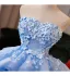 Charming Sky Blue Pearl Appliques Cascading Ruffles Prom Dresses 2025 Ball Gown Strapless Sleeveless Backless Sweep Train Formal Dresses