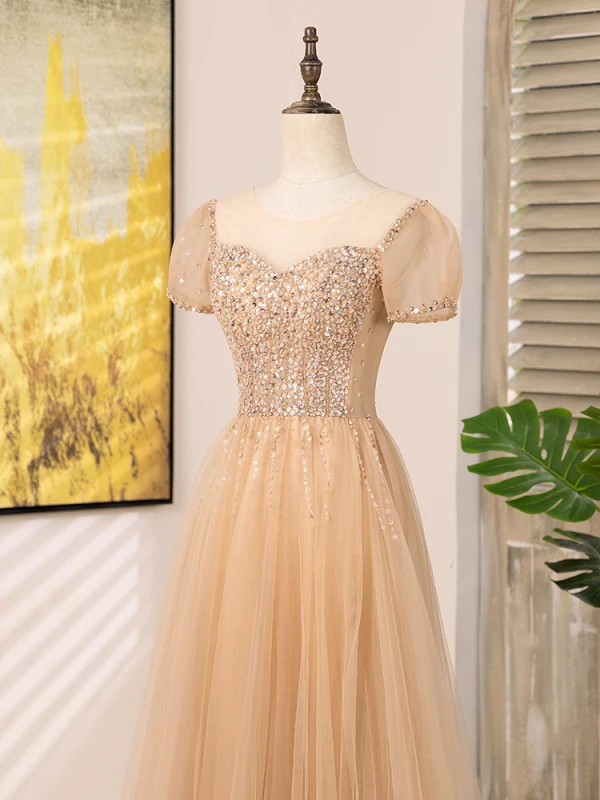 Chic / Beautiful Champagne Beading Sequins Prom Dresses 2024 A-Line / Princess Scoop Neck Short Sleeve Backless Floor-Length / Long Prom Formal Dresses
