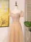 Chic / Beautiful Champagne Beading Sequins Prom Dresses 2024 A-Line / Princess Scoop Neck Short Sleeve Backless Floor-Length / Long Prom Formal Dresses