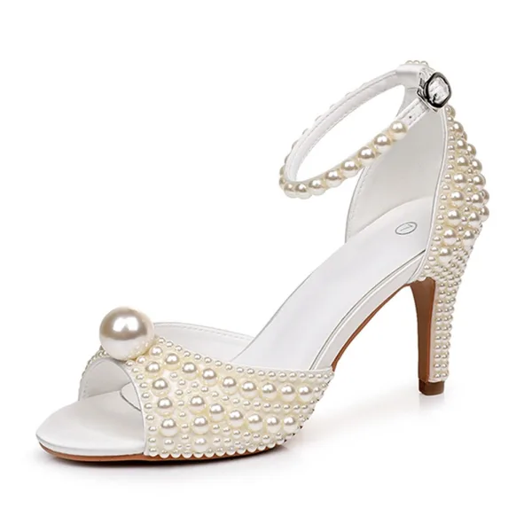 Elegante Weiß Perle Knöchelriemen Brautschuhe 2026 8 cm Stilettos Peeptoes Hochzeit Sandaletten Hochhackige