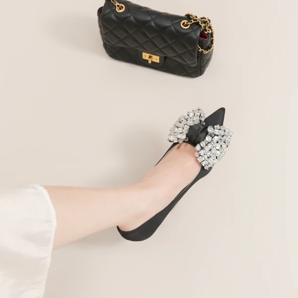 Chic / Beautiful Black Rhinestone Bow Pumps Prom 2022 Leather 6 cm Stiletto Heels Pointed Toe Pumps High Heels