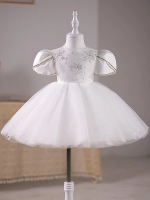 Chic Beautiful White Sequins Short Birthday Flower Girl Dresses 2024 Ball Gown Scoop Neck Puffy Short Sleeve