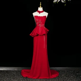 Charmant Rouge Perlage Faux Diamant Robe De Soirée 2026 Trompette Sirène Bustier Sans Manches Dos Nu Train De Balayage Robe De Ceremonie