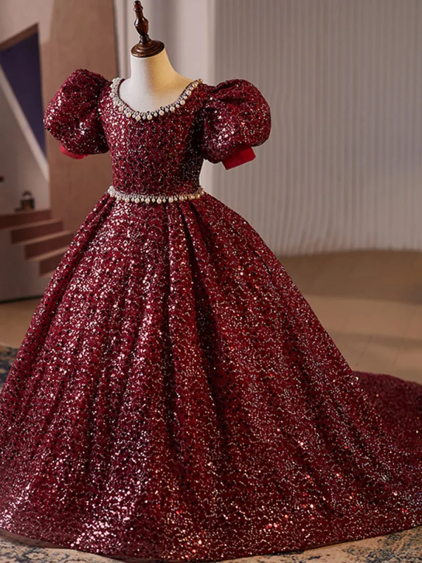 Scintillantes Bordeaux Perlage Perle Faux Diamant Paillettes Anniversaire Robe Ceremonie Fille 2024 Robe Boule Encolure Dégagée Manches Courtes Dos Nu Longue