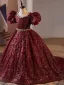 Scintillantes Bordeaux Perlage Perle Faux Diamant Paillettes Anniversaire Robe Ceremonie Fille 2024 Robe Boule Encolure Dégagée Manches Courtes Dos Nu Longue