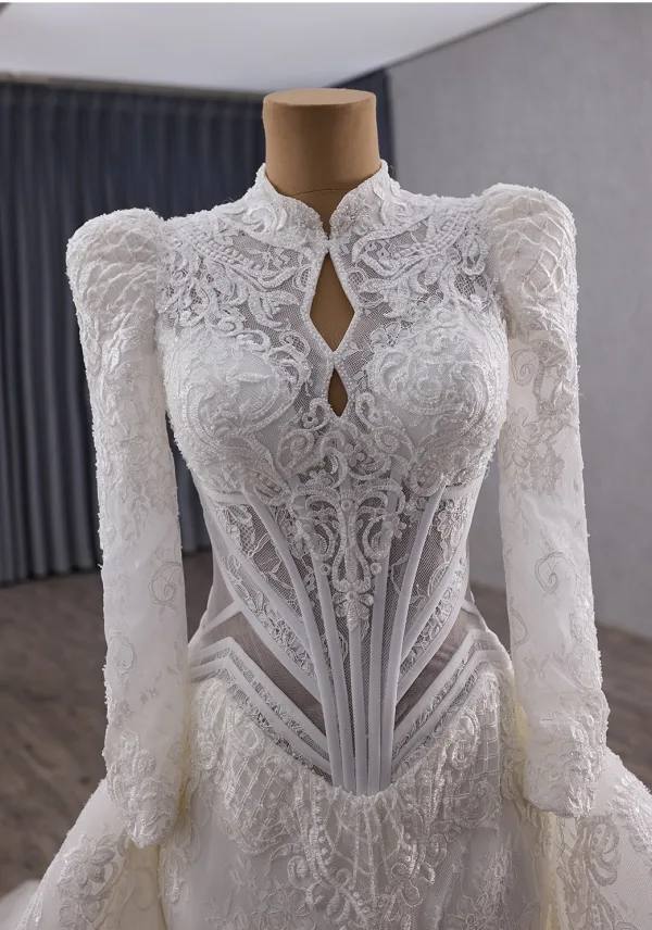 Luxury / Gorgeous White Handmade  Beading Sequins Lace Flower Wedding Dresses 2025 Trumpet / Mermaid High Neck Long Sleeve Backless Royal Train Wedding