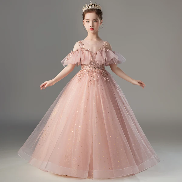 Chic / Beautiful Blushing Pink Beading Sequins Prom Flower Girl Dresses 2022 A-Line / Princess Scoop Neck Short Sleeve Floor-Length / Long Flower Girl Dresses