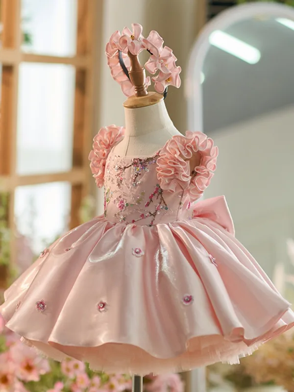 Lovely Candy Pink Sequins Short Birthday Flower Girl Dresses 2024 Ball Gown Scoop Neck Ruffle Short Sleeve Bow