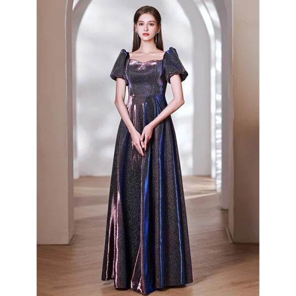 Chic / Beautiful Navy Blue Glitter Evening Dresses 2023 A-Line / Princess Off-The-Shoulder Short Sleeve Backless Floor-Length / Long Evening Party Formal Dresses