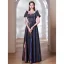 Chic / Beautiful Navy Blue Glitter Evening Dresses 2023 A-Line / Princess Off-The-Shoulder Short Sleeve Backless Floor-Length / Long Evening Party Formal Dresses