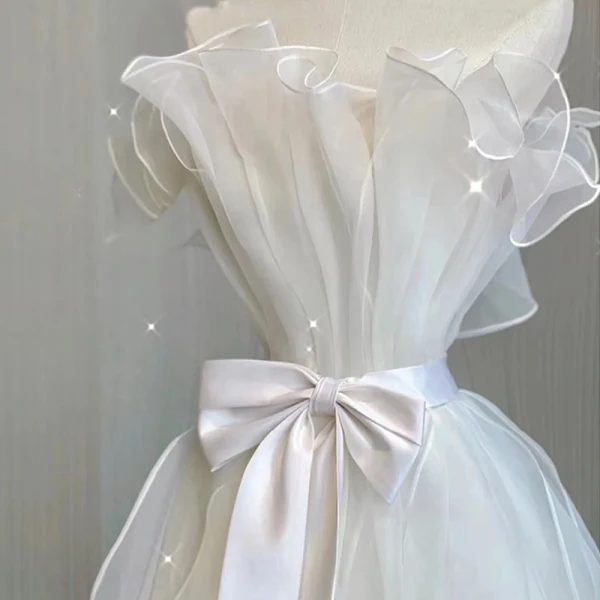 Fashion White Bow Wedding Dresses 2023 A-Line / Princess Strapless Sleeveless Backless Sweep Train Wedding