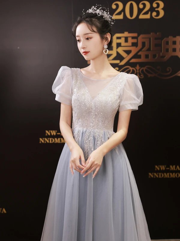 Chic / Beautiful Sky Blue Sequins Beading Prom Dresses 2023 A-Line / Princess Scoop Neck Short Sleeve Backless Floor-Length / Long Formal Dresses