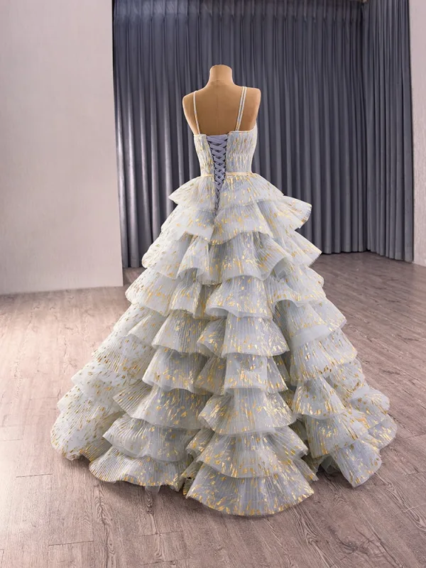 Fashion Grey Cascading Ruffles Glitter Prom Dresses 2025 Ball Gown Spaghetti Straps Sleeveless Floor-Length / Long Tulle Prom Formal Dresses