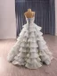 Fashion Grey Cascading Ruffles Glitter Prom Dresses 2025 Ball Gown Spaghetti Straps Sleeveless Floor-Length / Long Tulle Prom Formal Dresses