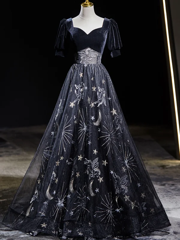 Elegant Black Embroidered Prom Dresses 2024 A-Line / Princess Square Neckline Short Sleeve Backless Floor-Length / Long Prom Formal Dresses