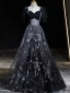 Elegant Black Embroidered Prom Dresses 2024 A-Line / Princess Square Neckline Short Sleeve Backless Floor-Length / Long Prom Formal Dresses
