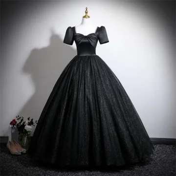 Vintage Retro Black Glitter Prom Dresses 2025 Ball Gown Square Neckline Bow Short Sleeve Backless Floor Length Long Formal Dresses