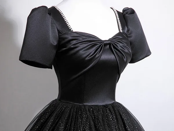 Vintage / Retro Black Glitter Prom Dresses 2025 Ball Gown Square Neckline Bow Short Sleeve Backless Floor-Length / Long Formal Dresses
