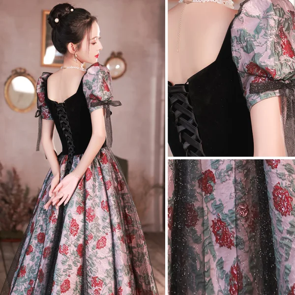 Vintage / Retro Black Prom Dresses 2023 A-Line / Princess Square Neckline Short Sleeve Backless Floor-Length / Long Prom Formal Dresses