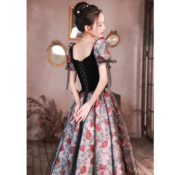Vintage / Retro Black Prom Dresses 2023 A-Line / Princess Square Neckline Short Sleeve Backless Floor-Length / Long Prom Formal Dresses