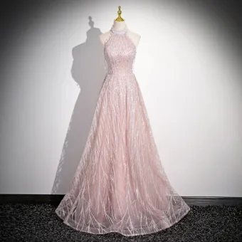 Charmant Rougissant Rose Perlage Perle Faux Diamant Robe De Bal 2024 Princesse Col Haut Sans Manches Dos Nu Longue Promo Robe De Ceremonie