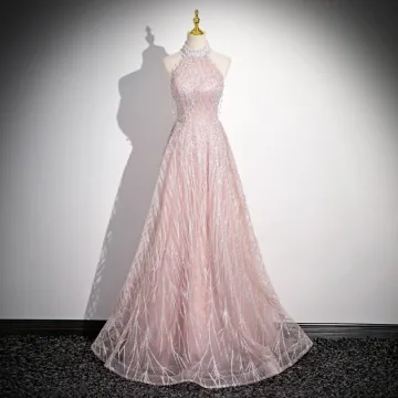 Uroczy Rumieniąc Różowy Frezowanie Perła Rhinestone Sukienki Na Bal 2024 Princessa Wysokiej Szyi Bez Rękawów Bez Pleców Długie Bal Sukienki Wizytowe