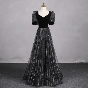 Bling Bling Noire Faux Diamant Paillettes Robe De Bal 2024 Princesse Encolure Carrée Manches Courtes Dos Nu Longue Promo Robe De Ceremonie