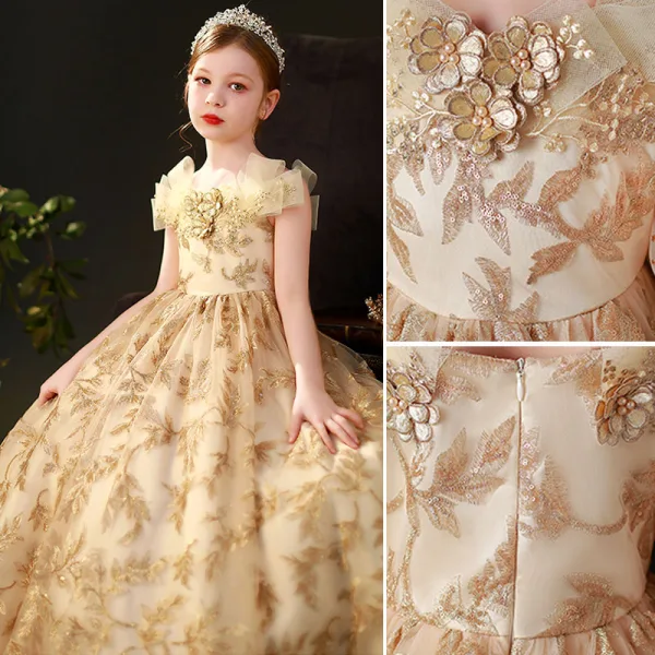 Fashion Gold Sequins Pearl Lace Flower Prom Flower Girl Dresses 2022 Ball Gown Scoop Neck Short Sleeve Floor-Length / Long Flower Girl Dresses