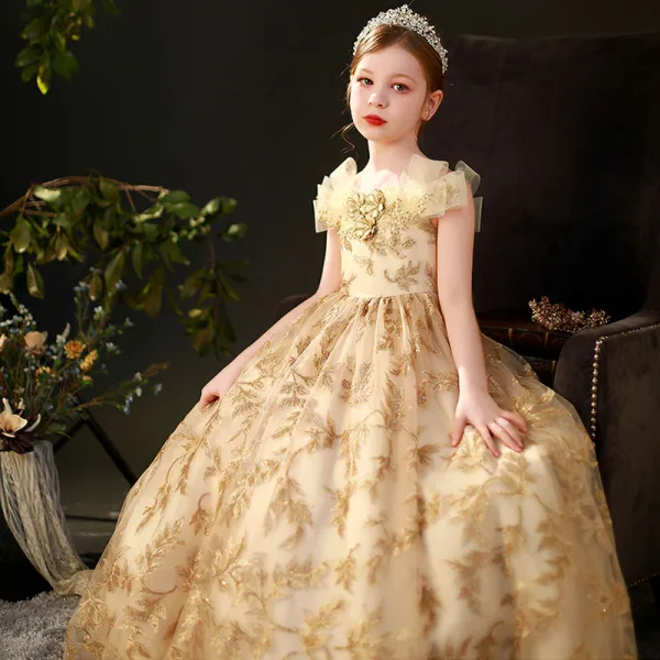 Fashion Gold Sequins Pearl Lace Flower Prom Flower Girl Dresses 2022 Ball Gown Scoop Neck Short Sleeve Floor-Length / Long Flower Girl Dresses