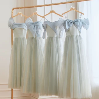 Modest Simple Grey Bridesmaid Dresses 2023 A Line Princess Spaghetti Straps Bow Short Sleeve Backless Floor Length Long Bridesmaid Dresses