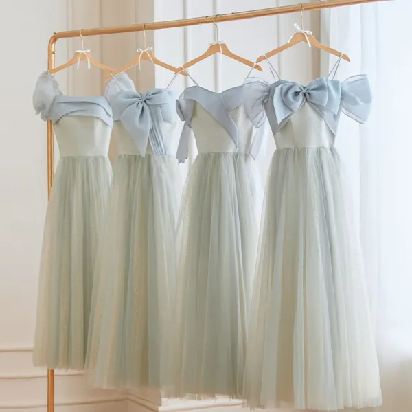 Modest / Simple Grey Bridesmaid Dresses 2023 A-Line / Princess Spaghetti Straps Bow Short Sleeve Backless Floor-Length / Long Bridesmaid Dresses